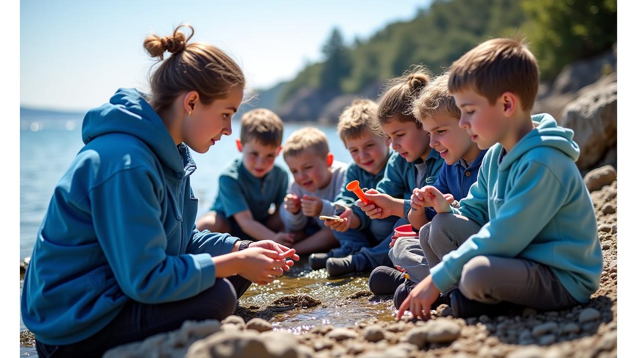 Children learning about marine biology by the Plymouth shore