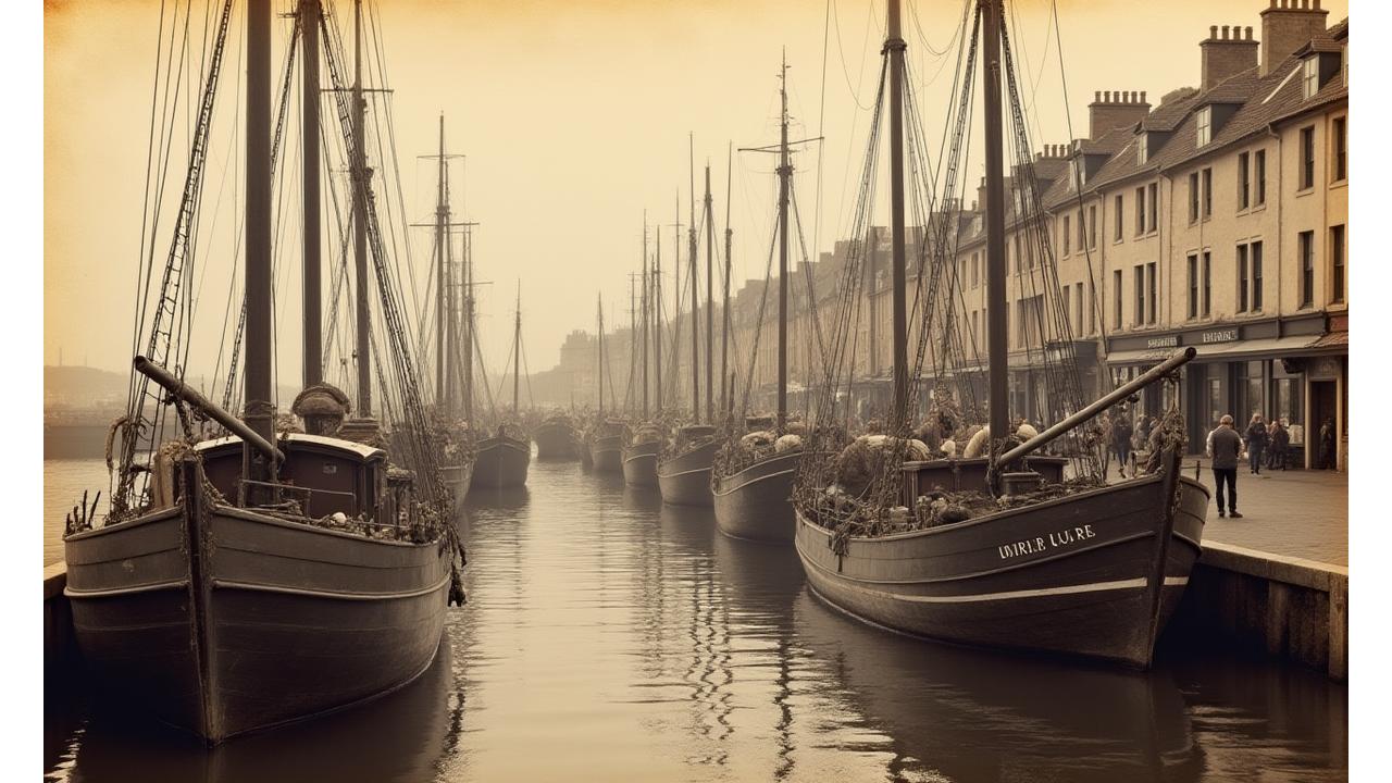 Historic photograph of Plymouth harbour with traditional fishing boats and an early Marina Lure shopfront