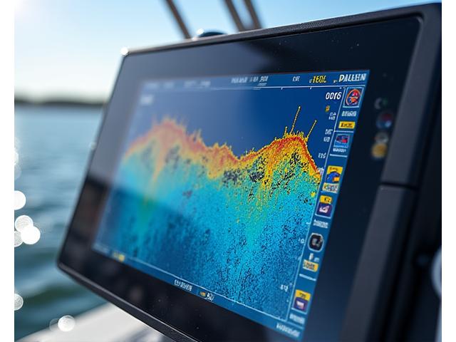 Close-up of a modern fish finder screen showing clear sonar data, fish arches, and bottom contours with digital enhancements for target identification.