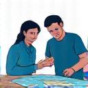 Icon illustrating a consultation, with two people talking over a fishing map.
