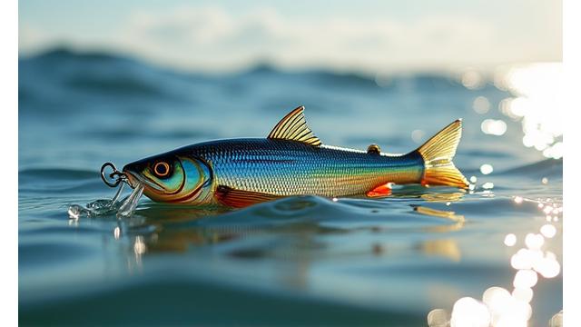 A slim, silver handmade mackerel and garfish lure glistening in the sun.