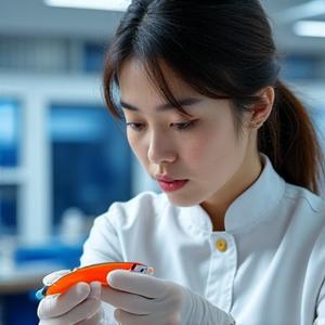 Portrait of Sarah 'The Innovator' Chen, a younger, focused lure craftsman examining a lure.