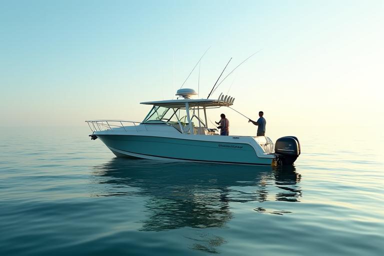 A fishing boat navigating calm waters with fishers in the background, representing charter services.