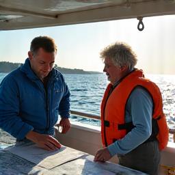 Charter boat captain discussing tour routes with a client on a sunny day
