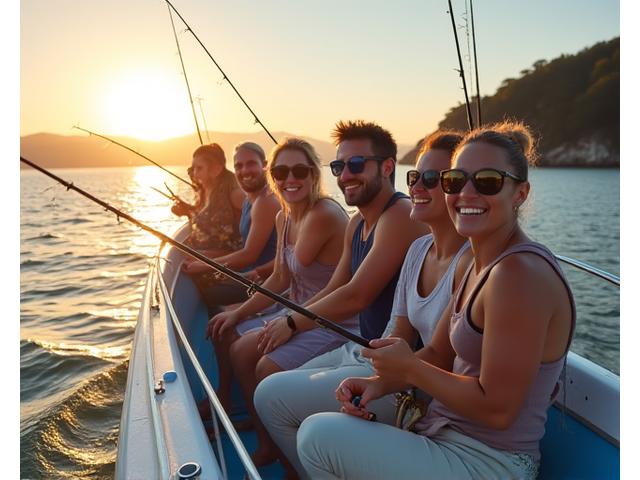 A diverse group of cheerful people on a fishing charter boat, enjoying the sea, representing a successful group booking