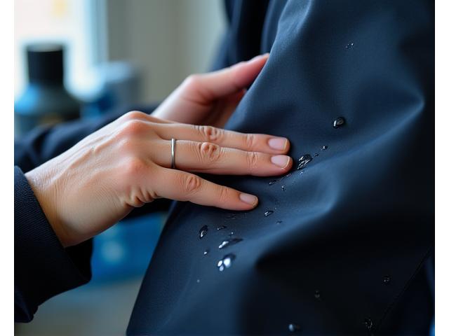 Close-up of hands applying reproofing spray to a waterproof jacket
