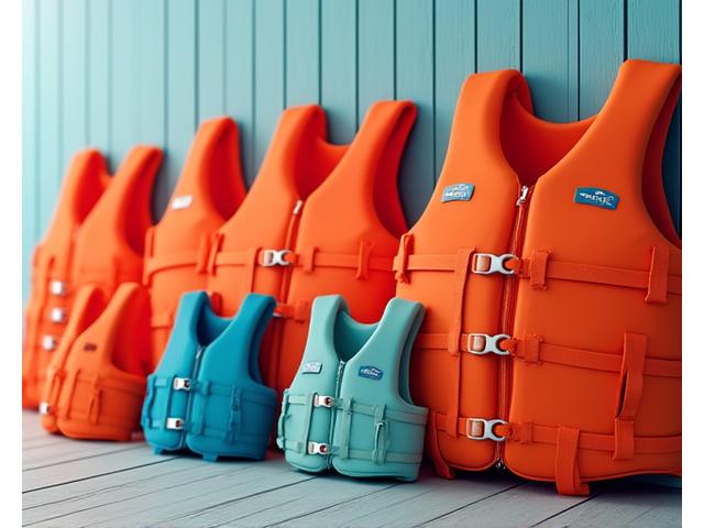 Variety of life jackets and personal flotation devices for adults and children