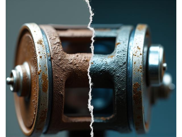 Before and after image of a fishing reel repair, highlighting meticulous restoration