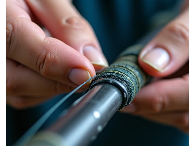 Close-up of a fishing rod being re-wrapped with new guides by skilled hands