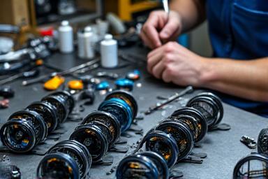 Technician working at a workbench with various fishing reels and tools