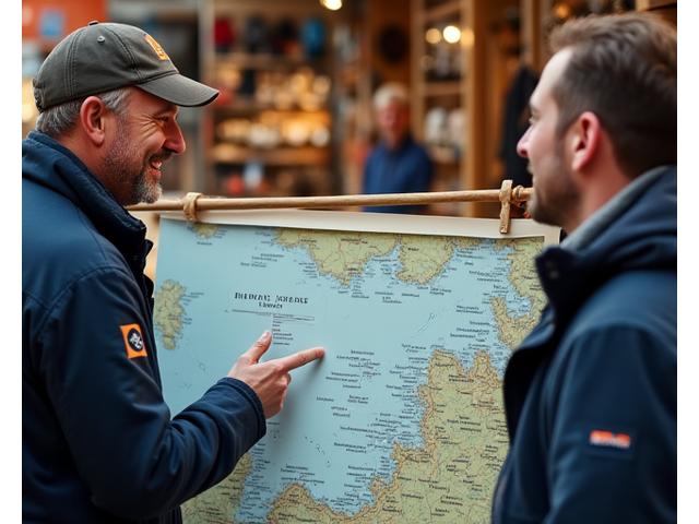 Experienced local angler pointing at a map, discussing fishing spots with a client in a friendly, helpful manner.