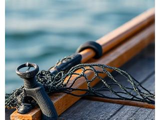 Fishing landing net and gaff lying on a boat deck.
