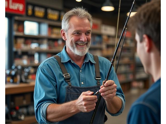 An expert angler demonstrating the flexibility of a fishing rod indoors, with various reels and lines on display in the background.