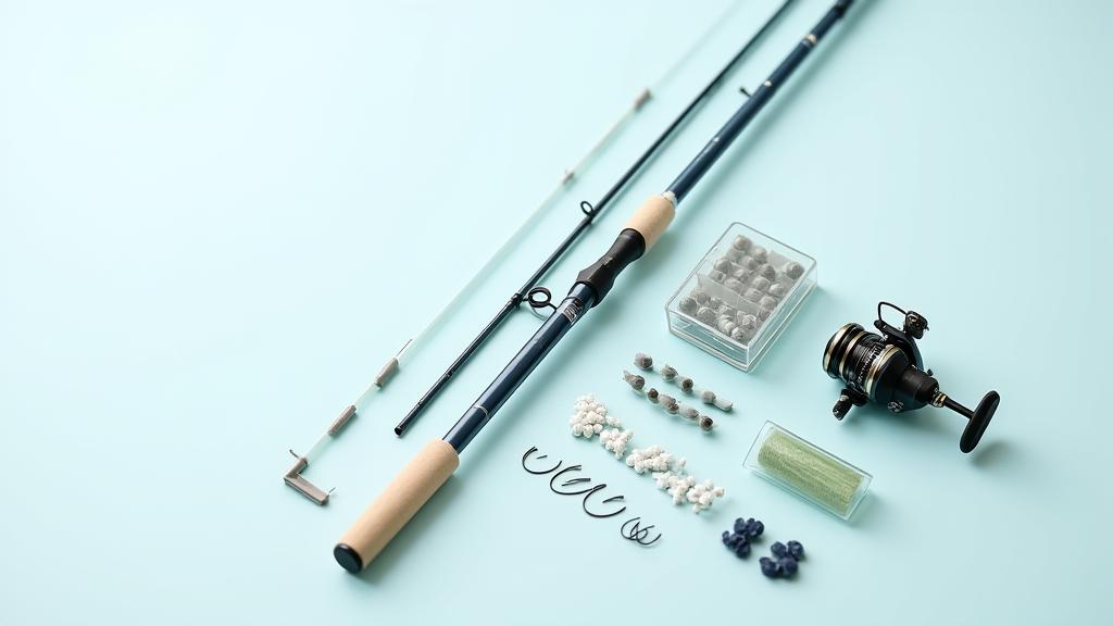 A neatly arranged display of a beginner's fishing tackle package, including a rod, reel, tackle box, and essentials.