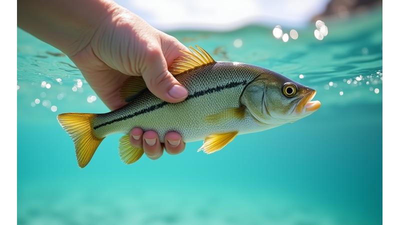 A hand gently releasing a fish back into the clear ocean water, highlighting catch-and-release.