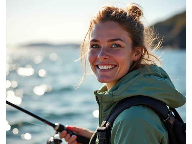 Portrait of a lively female fishing guide, Sarah, with a fishing rod.