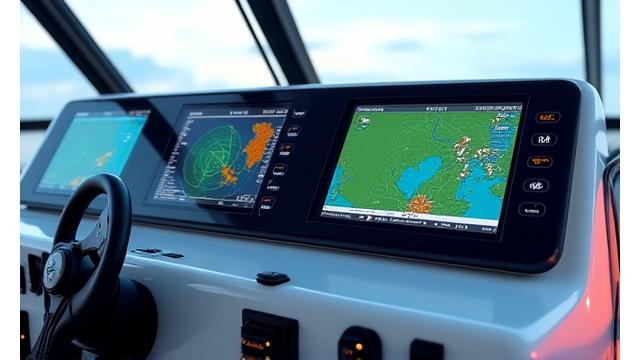 Modern marine electronics displayed on a boat's helm