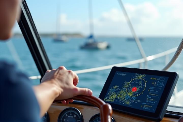 Boat's helm with a chartplotter displaying detailed navigation data and an AIS overlay