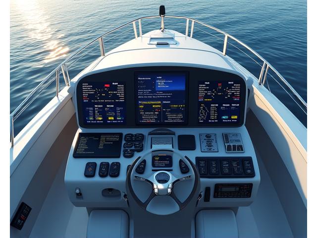Modern boat helm with integrated digital displays and tablet showing smart boat app