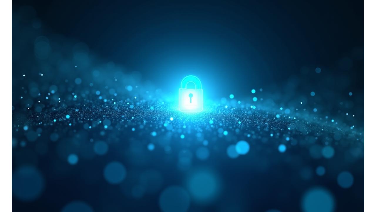 Abstract depiction of digital data flowing securely, protected by translucent barriers