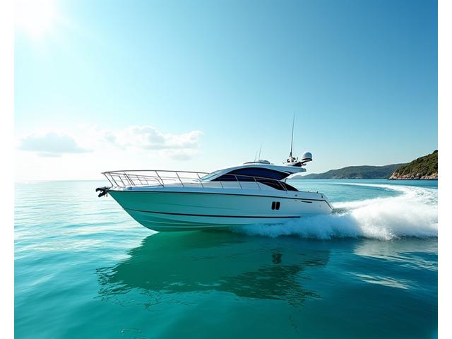 Modern fishing charter boat sailing on calm, clear waters